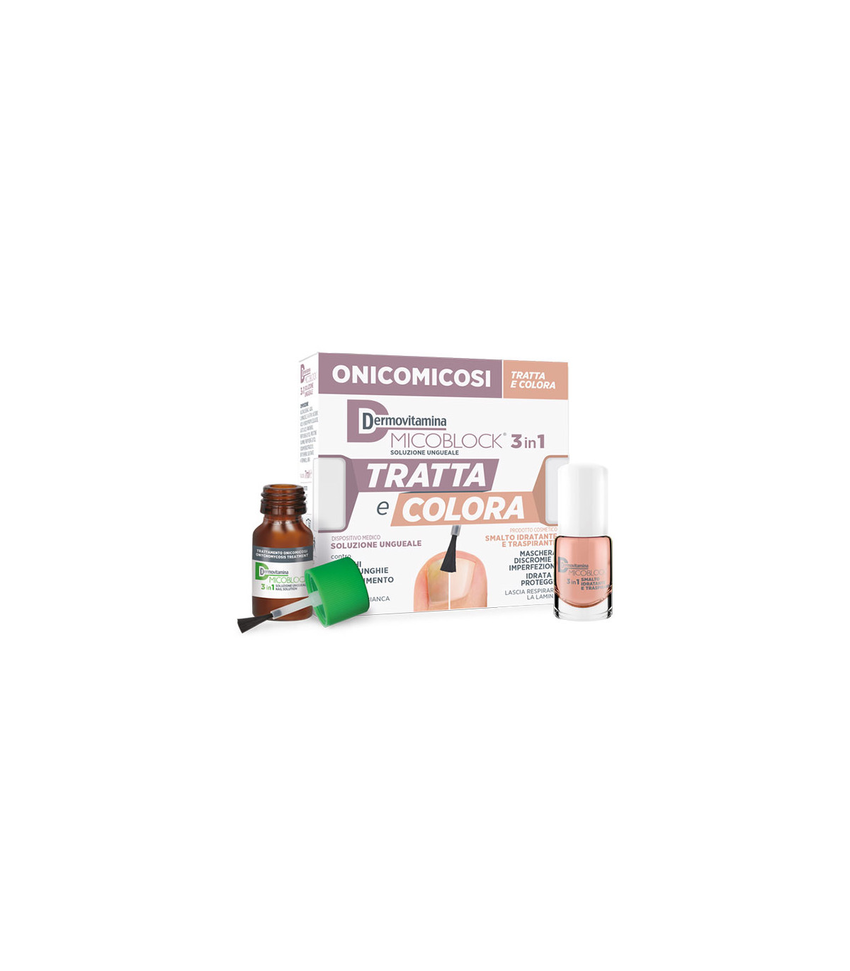 DERMOVITAMINA MICOBLOCK 3 IN 1 TRATTA E COLORA SOLUZIONE UNGUEALE 7 ML + SMALTO IDRATANTE TRASPIRANTE 5 ML - pharmaluna