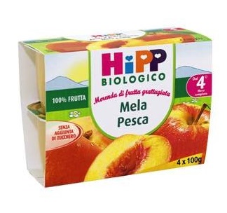 HIPP BIO FRUTTA GRATTUGGIATA MELA PESCA 4X100 G - pharmaluna