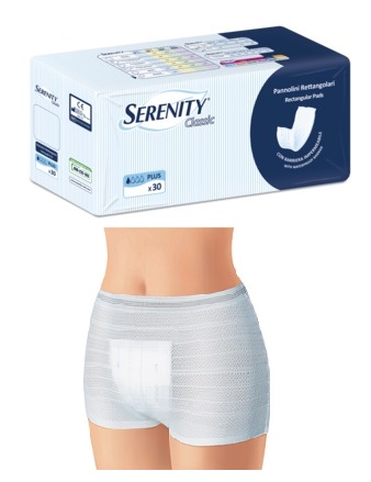 PANNOLONE PER INCONTINENZA FORMATO RETTANGOLARE CON BARRIERA SERENITY 30 PEZZI - pharmaluna