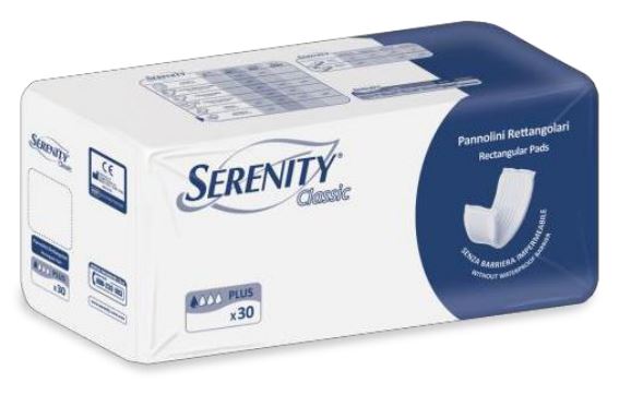 PANNOLONE PER INCONTINENZA RETTANGOLARE SENZA BARRIERA IMPERMEABILE SERENITY CLASSIC 30 PEZZI - pharmaluna