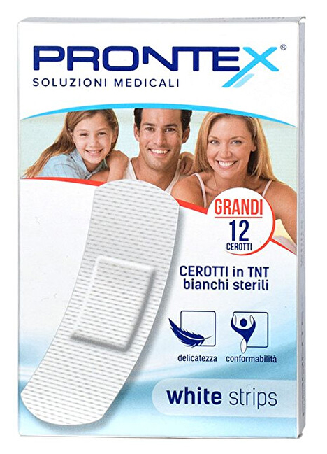 CEROTTO PRONTEX WHITE STRIPS IN TESSUTO NON TESSUTO BIANCO STERILE SCATOLA 12 CEROTTI GRANDI - pharmaluna