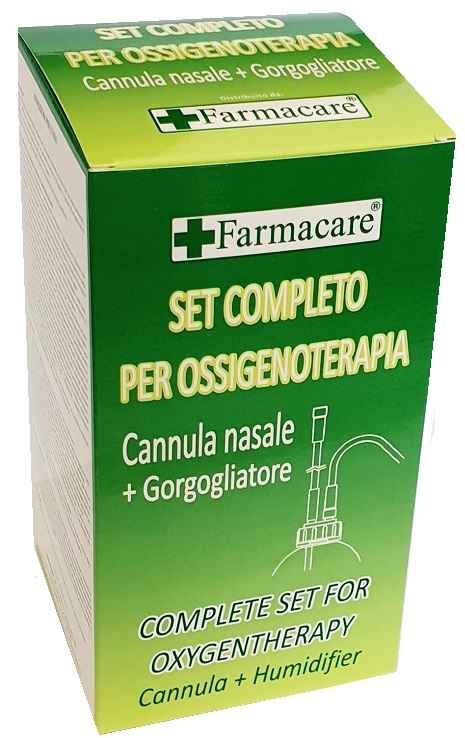 SET PER OSSIGENOTERAPIA CON SOSTEGNO A OCCHIALE MUNITO DI TUBO DI COLLEGAMENTO FLESSIBILE ANTIOTTURAMENTO ED UN GORGOGLIATORE PER UMIDUFUCAZIONE - pharmaluna