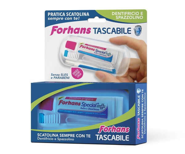FORHANS TRAVEL KIT TASCABILE COMPOSTO DA SPAZZOLINO DA VIAGGIO + FORHANS SPECIAL PASTA DENTIFRICIA TUBETTO 12,5 ML - pharmaluna