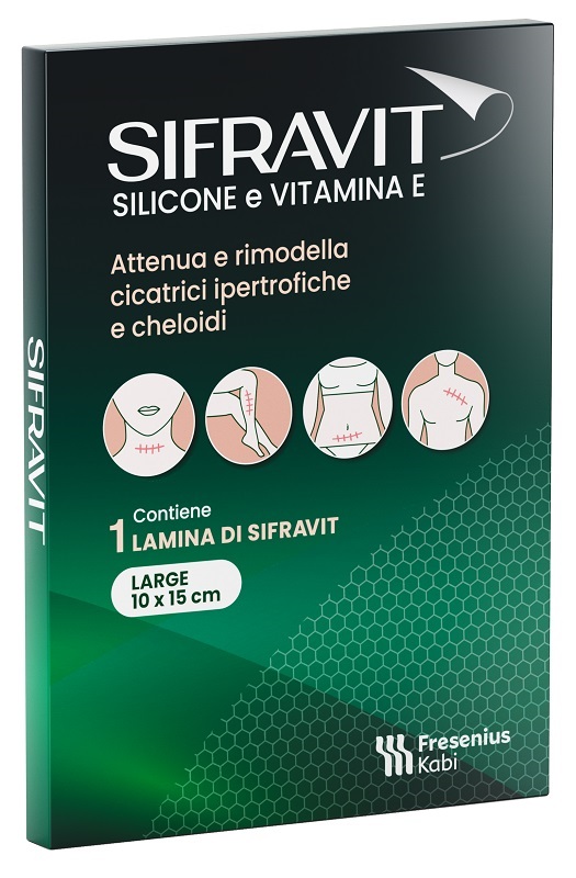 PLACCA IN SILICONE E VITAMINA E SIFRAVIT DIMENSIONI 15X10CM. INDICATA NEL TRATTAMENTO DI CHELOIDI E CICATRICI IPERTROFICHE CONSEGUENTI AD INTERVENTI C HIRURGICI, USTIONI, E FERITE - pharmaluna
