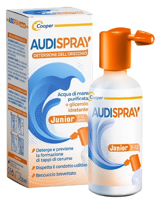 AUDISPRAY JUNIOR 3-12 ANNI SOLUZIONE DI ACQUA DI MARE IPERTONICA SPRAY SENZA GAS IGIENE ORECCHIO 25ML - pharmaluna