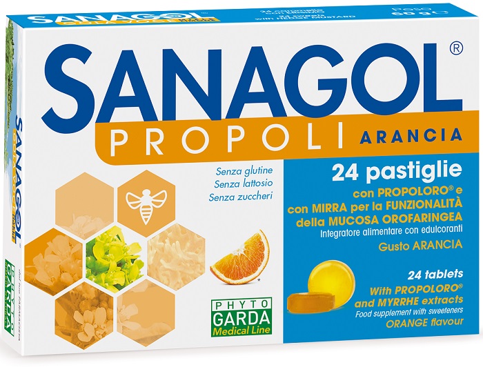 SANAGOL PROPOLI SENZA ZUCCHERO ARANCIA 24 CARAMELLE - pharmaluna