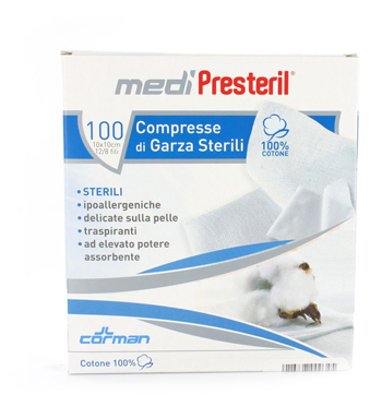 GARZA COMPRESSA MEDIPRESTERIL FU STERILE MONOUSO 10X10CM 100PEZZI - pharmaluna