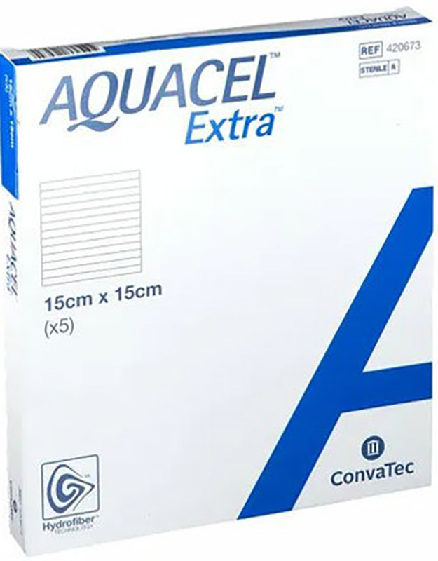 MEDICAZIONE IN HYDROFIBER E IONI ARGENTO INTESSUTA IN LYOCELL AQUACEL AG EXTRA DRS 15X15CM 5 PEZZI - pharmaluna
