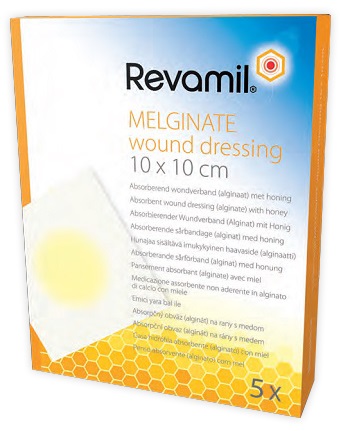 GARZA MEDICATA REVAMIL MELGINATE ALGINATO MIELE 10X10 CM 5 PEZZI - pharmaluna