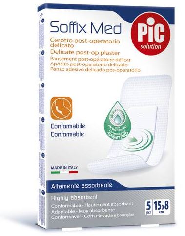 CEROTTO PIC SOFFIX MED IN TNT CON TAMPONE CENTRALE ASSORBENTE STERILE MONOUSO 15X8 CM ANTIBATTERICO 5 PEZZI - pharmaluna