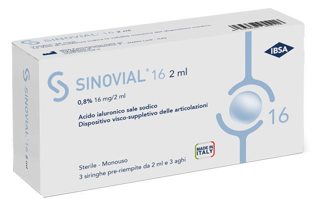 SIRINGA INTRA-ARTICOLARE SINOVIAL 16 ACIDO IALURONICO SALE SODICO 0,8% 16MG/2ML 3 SIRINGHE X 2ML + 3 AGHI - pharmaluna