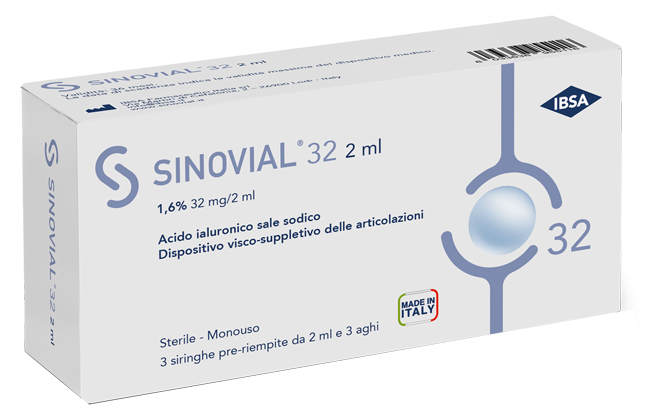SIRINGA INTRA-ARTICOLARE SINOVIAL 32 ACIDO IALURONICO SALE SODICO 1,6% 32MG/2ML 3 SIRINGHE X 2ML + 3 AGHI - pharmaluna