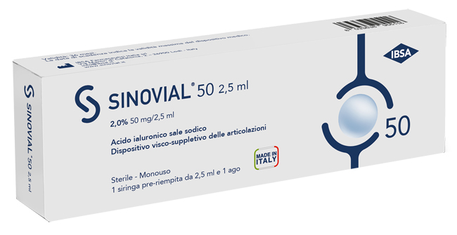 SIRINGA INTRA-ARTICOLARE SINOVIAL 50 ACIDO IALURONICO 2% 50 MG/2,5 ML 1 FS + AGO GAUGE 21 1 PEZZO - pharmaluna