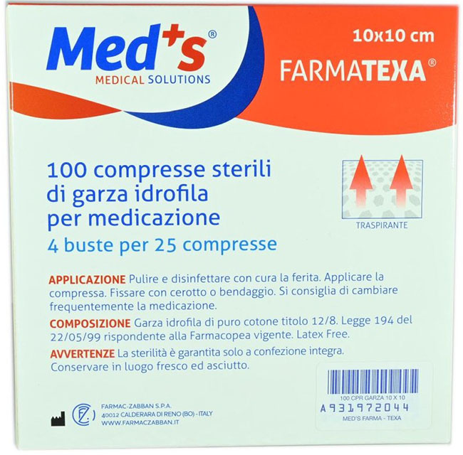 GARZA COMPRESSA IDROFILA MEDS FARMATEXA 2/8 10X10CM 100 PEZZI - pharmaluna