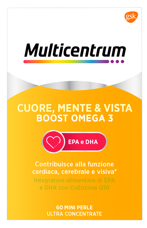 MULTICENTRUM CUORE MENTE E VISTA BOOST OMEGA 3 60 MINI PERLE - pharmaluna
