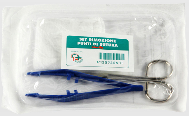 SET PER LA RIMOZIONE DEI PUNTI DI SUTURA COMPOSTO DA 1 FORBICE 1 PINZETTA 2 COMPRESSE DI GARZA DI COTONE - pharmaluna