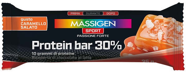 MASSIGEN SPORT PROTEIN BARRETTA 30% CARAMELLO SALATO 50 G - pharmaluna