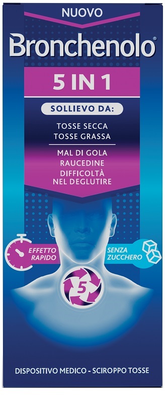 BRONCHENOLO 5 IN 1 SCIROPPO TOSSE 120 ML SENZA ZUCCHERO, ALCOL, LATTOSIO, GLUTINE, COLORANTI ARTIFICIALI E OGM - pharmaluna