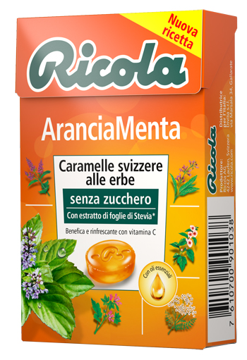 RICOLA ARANCIA MENTA SENZA ZUCCHERO 50 G - pharmaluna