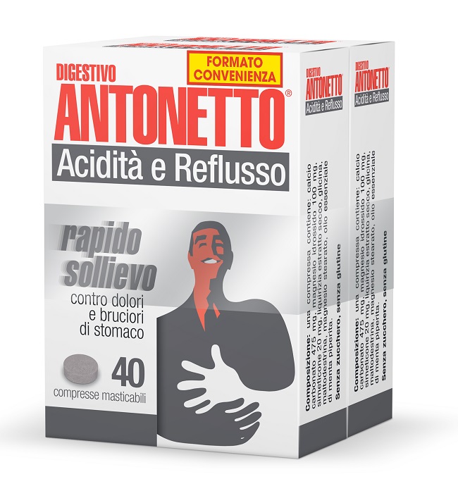 DIGESTIVO ANTONETTO ACIDITA' E REFLUSSO 80 COMPRESSE MASTICABILI 2 ASTUCCI DA 40 COMPRESSE - pharmaluna