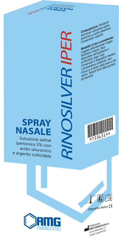 RINOSILVER SOLUZIONE SALINA IPERTONICA 3% CON ACIDO IALURONICO E ARGENTO COLLOIDALE SPRAY NASALE 20 ML - pharmaluna