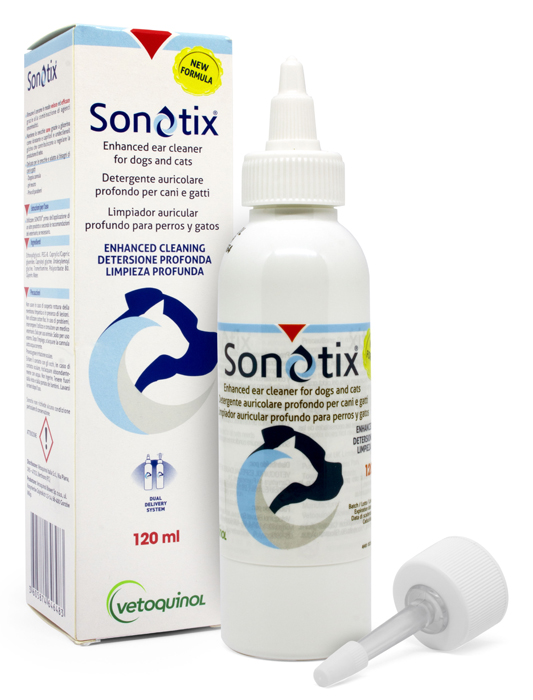 SONOTIX DETERGENTE AURICOLARE PROFONDO CANI E GATTI FLACONE 120 ML + CANNULA CORTA RIGIDA + CANNULA LUNGA FLESSIBILE - pharmaluna