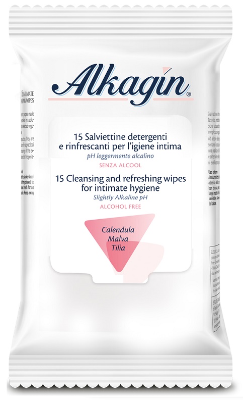 ALKAGIN SALVIETTINE DETERGENTI E RINFRESCANTI PER L'IGIENE INTIMA PH LEGGERMENTE ALCALINO SENZA ALCOOL 15 PEZZI CALENDULA MALVA E TILIA - pharmaluna