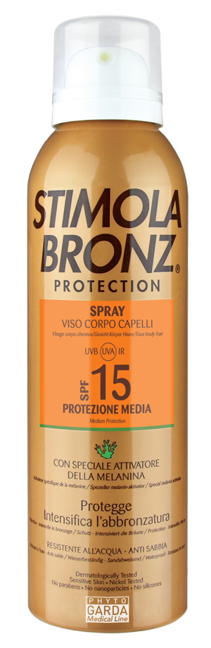 STIMOLABRONZ PROTECTION SPF15 SPRAY VISO CORPO E CAPELLI 150 ML - pharmaluna
