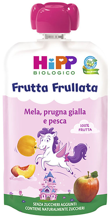 HIPP BIO FRUTTA FRULLATA UNICORNO MELA PRUGNA GIALLA PESCA 90 G - pharmaluna