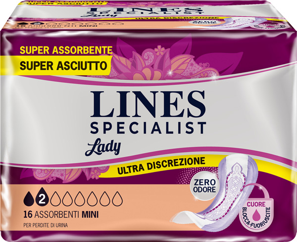 ASSORBENTI PER INCONTINENZA LINES SPECIALIST LADY 2 MINI 16 PEZZI - pharmaluna