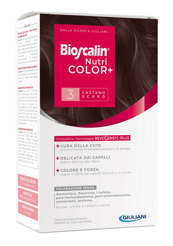 BIOSCALIN NUTRICOLOR PLUS 3 CASTANO SCURO CREMA COLORANTE 40 ML + RIVELATORE CREMA 60 ML + SHAMPOO 12 ML + TRATTAMENTO FINALE BALSAMO 12 ML - pharmaluna