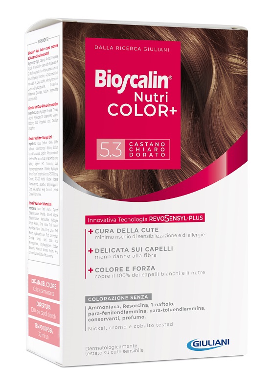 BIOSCALIN NUTRICOLOR PLUS 5,3 CASTANO CHIARO DORATO CREMA COLORANTE 40 ML + RIVELATORE CREMA 60 ML + SHAMPOO 12 ML + TRATTAMENTO FINALE BALSAMO 12 ML - pharmaluna