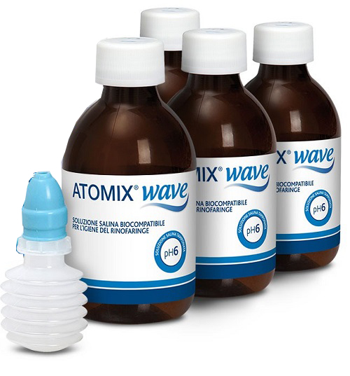 ATOMIX WAVE DISPOSITIVO PER IGIENE RINOFARINGEA ATOMIX SOLUZIONE SALINA 4 FLACONI DA 250 ML - pharmaluna