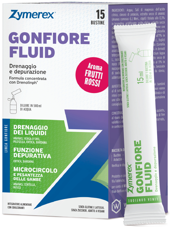 ZYMEREX GONFIORE FLUID FRUTTI ROSSI 15 BUSTINE DA 15 ML CON EDULCORANTI SENZA ZUCCHERI SENZA GLUTINE SENZA LATTOSIO - pharmaluna