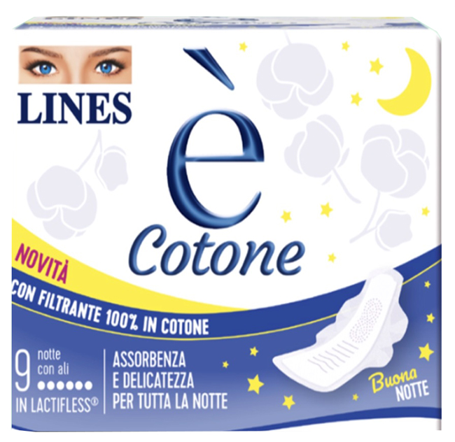 LINES E' COTONE ALI ASSORBENTE ESTERNO NOTTE 9 PEZZI - pharmaluna