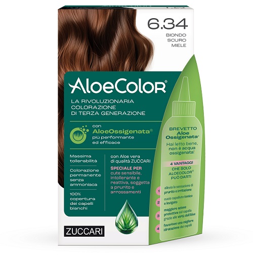 ALOECOLOR 6,34 BIONDO SCURO MIELE TINTA PERMANENTE CAPELLI COLORE AD ALTA PIGMENTAZIONE 50 ML + RIVELATORE ALOEOSSIGENATA 75 ML + SHAMPOO ALOECARE 15 ML + GUANTI - pharmaluna